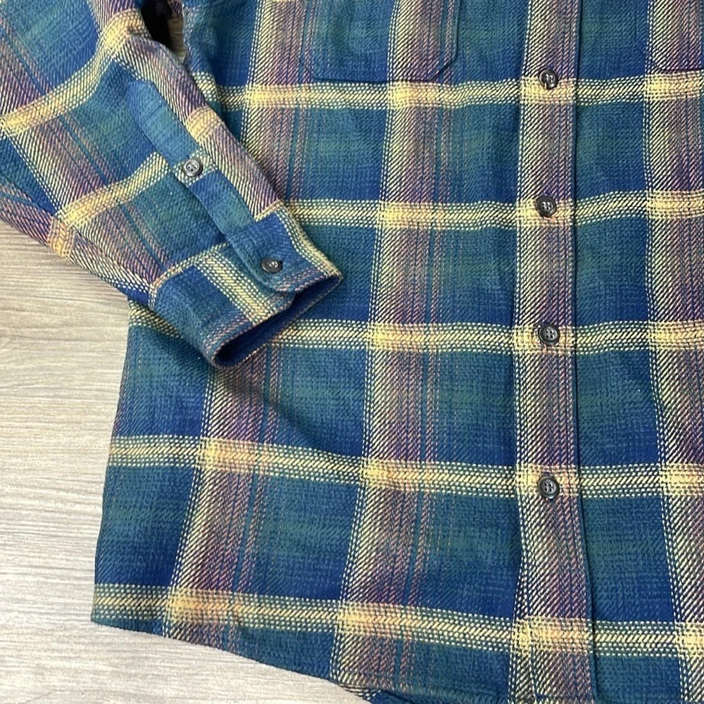 Orvis Men’s Flannel Twill Heavy Green Blue Brown Plaid Shirt Jacket w/Pockets, L